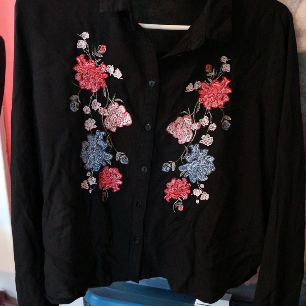 Black Shirt with Floral Embroidery